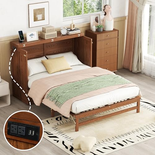 Full Size Walnut Murphy Bed with Charging Station and Drawers S123