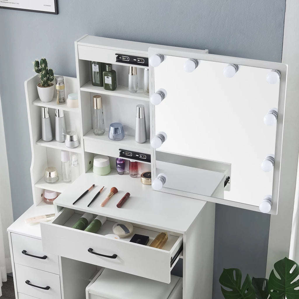 White Vanity Desk with Slidable Mirror and Drawers L173