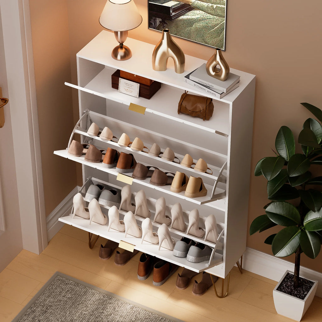 White Slim Shoe Cabinet Flip Down Drawers M8735