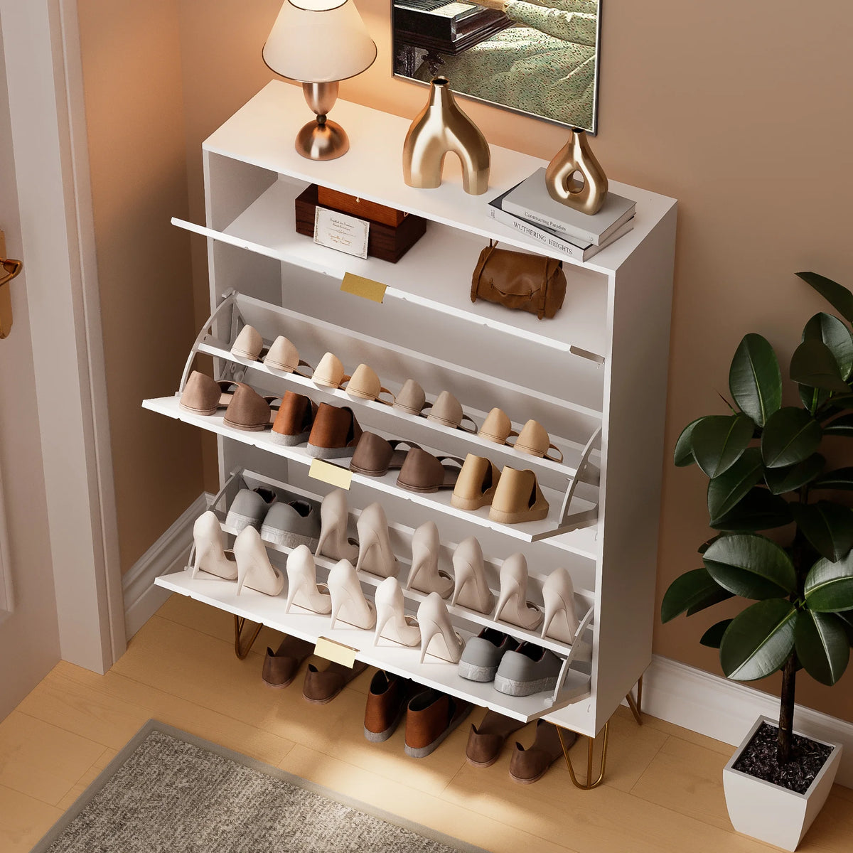 White Slim Shoe Cabinet Flip Down Drawers M8735