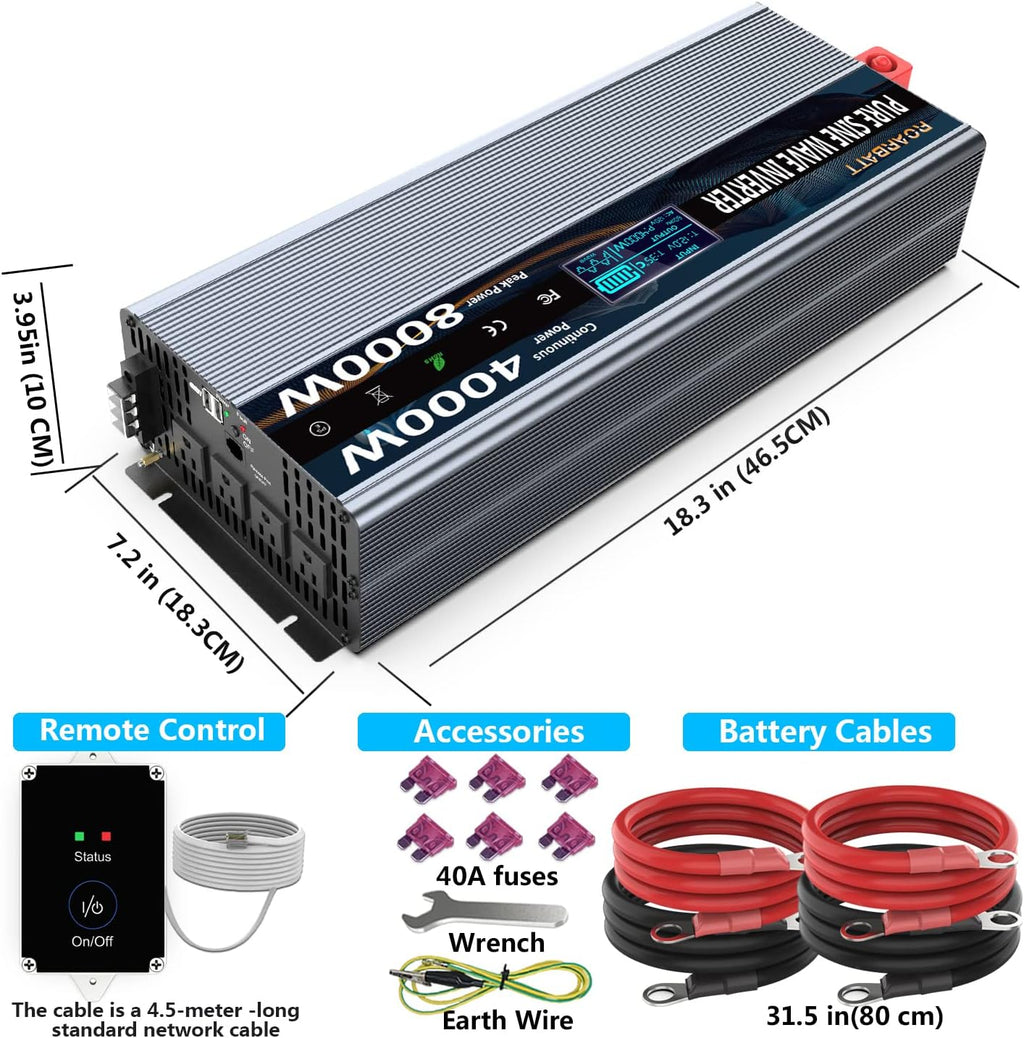 4000Watt 12V DC to AC 110V 120V Power Inverter with Remote Control 4 AC Outlets Dual USB Port C43338