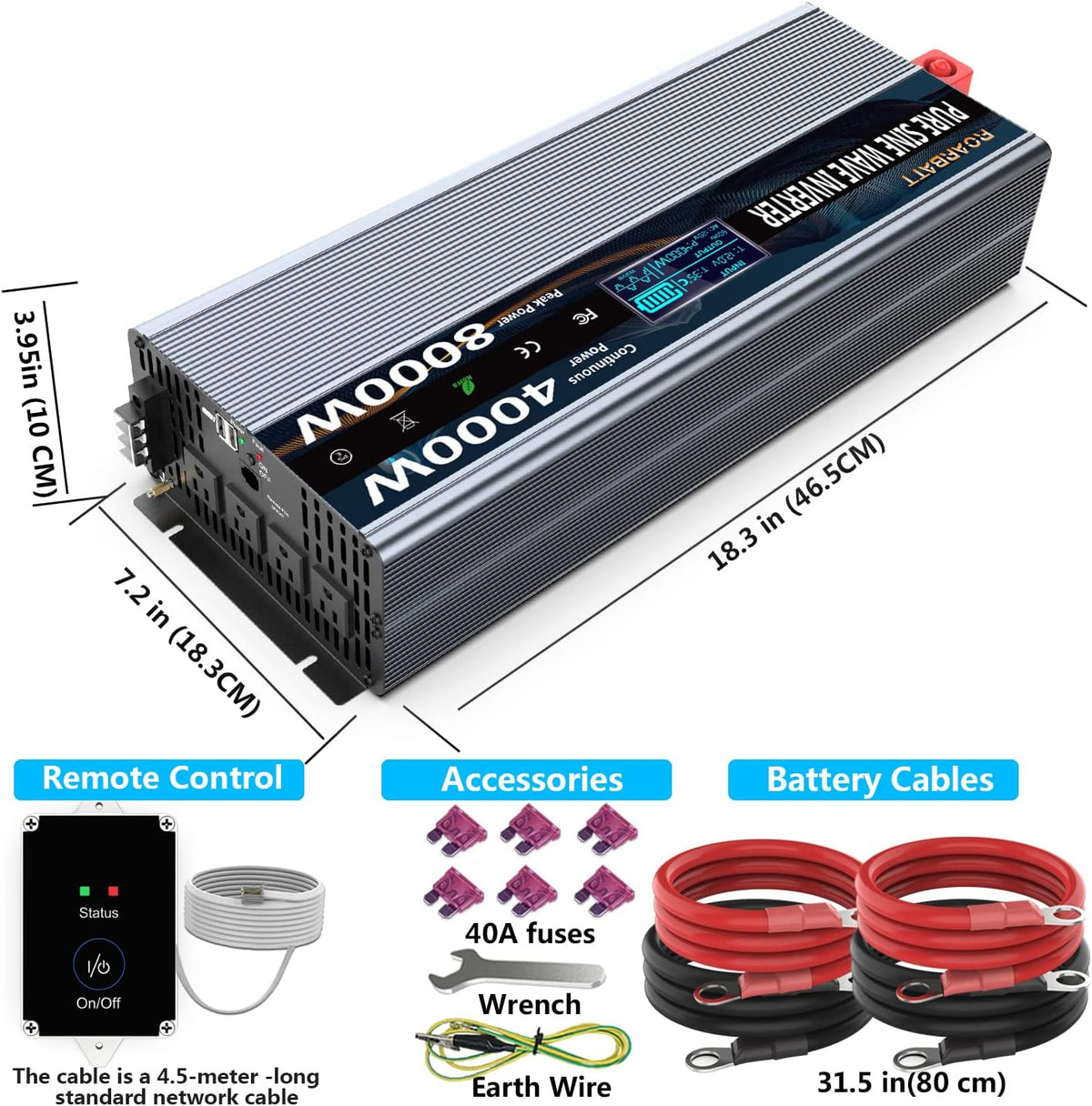 4000Watt 12V DC to AC 110V 120V Power Inverter with Remote Control 4 AC Outlets Dual USB Port C43338