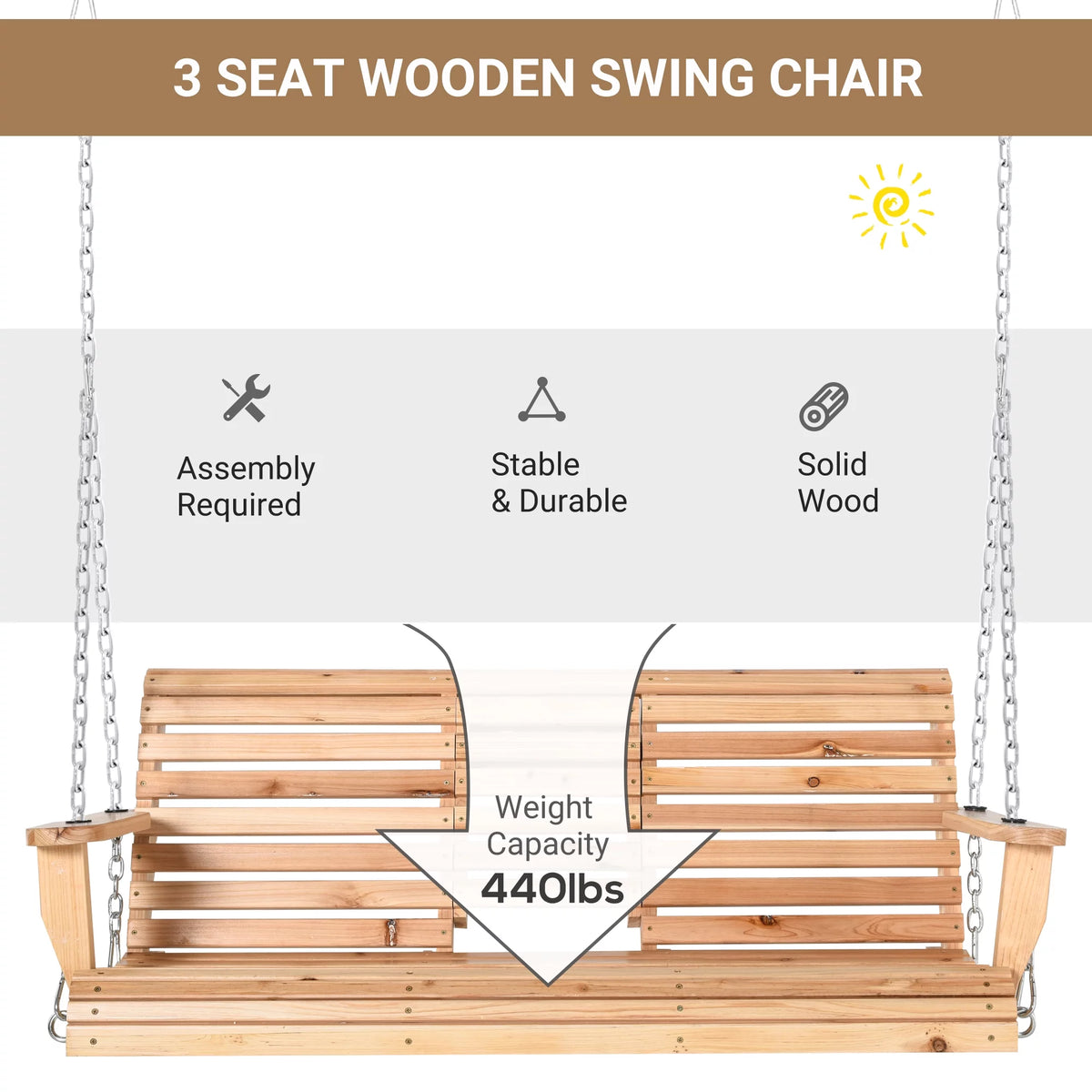 3-Seater Wooden Porch Swing with Folding Coffee Table X75779