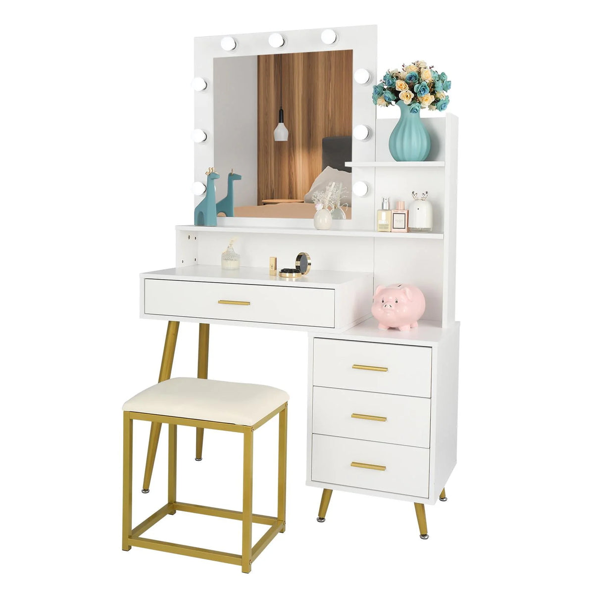 White Vanity Table Set with Lighted Mirror and 4 Drawers J4504