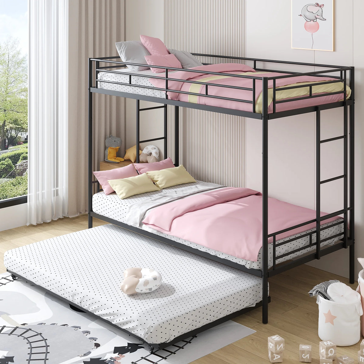 Black Metal Twin Over Twin Bunk Bed with Trundle F68713
