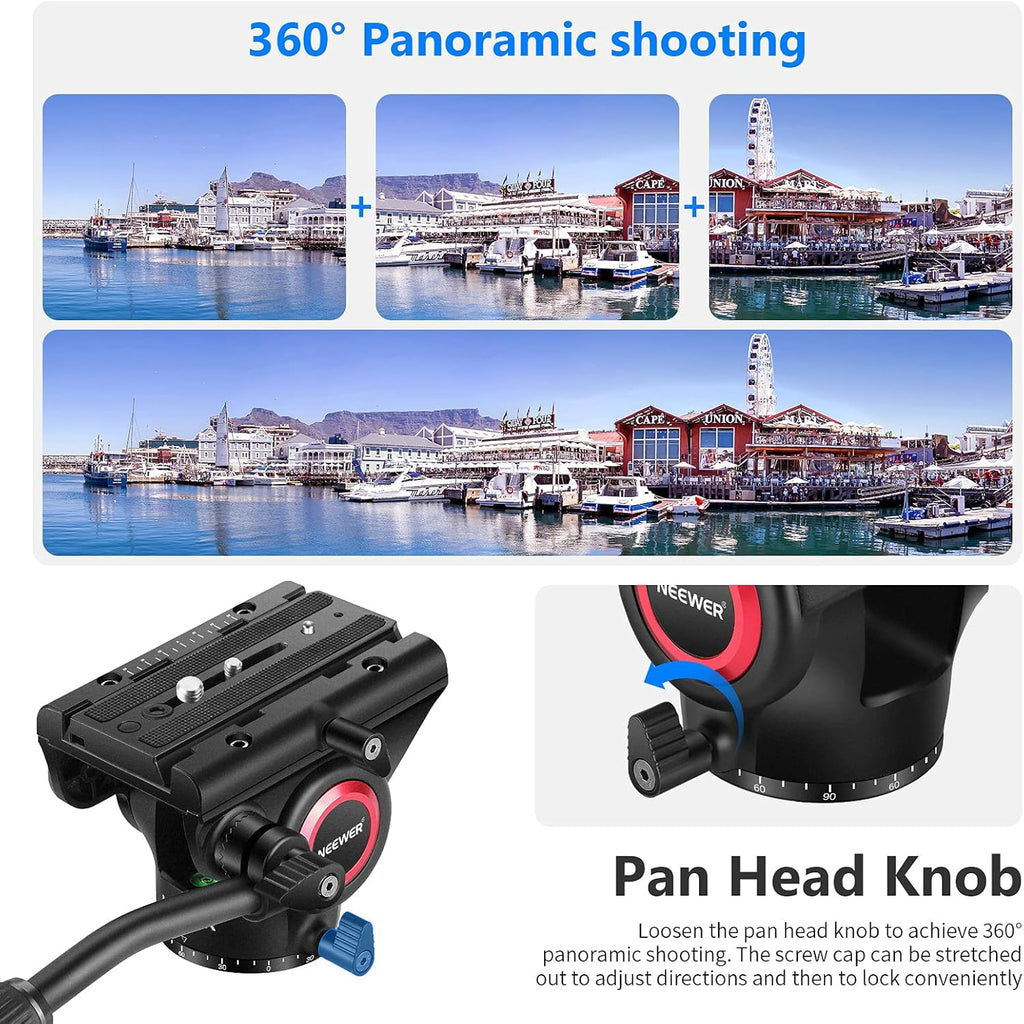 Metal Heavy Duty Video Camera Tripod Fluid Drag Pan Head with Sliding Plate and 2-Section Adjustable Handle, Load up to 11pounds/5kilograms, Pack of 2 W306