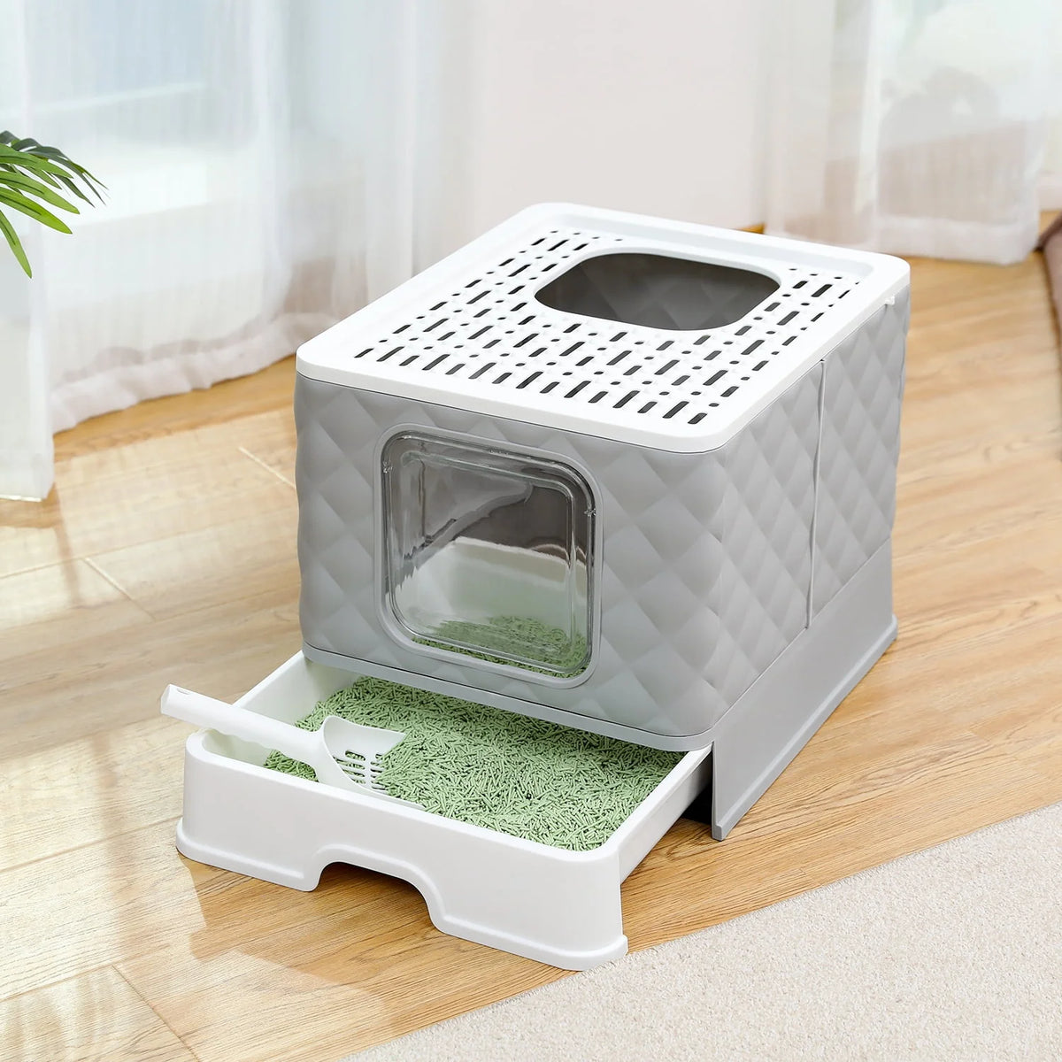 Enclosed Cat Litter Box with Lid Drawer Type Gray D15651