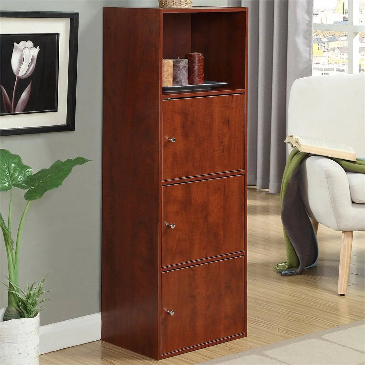 Three-Door Bookcase in Cherry Wood Finish Q583