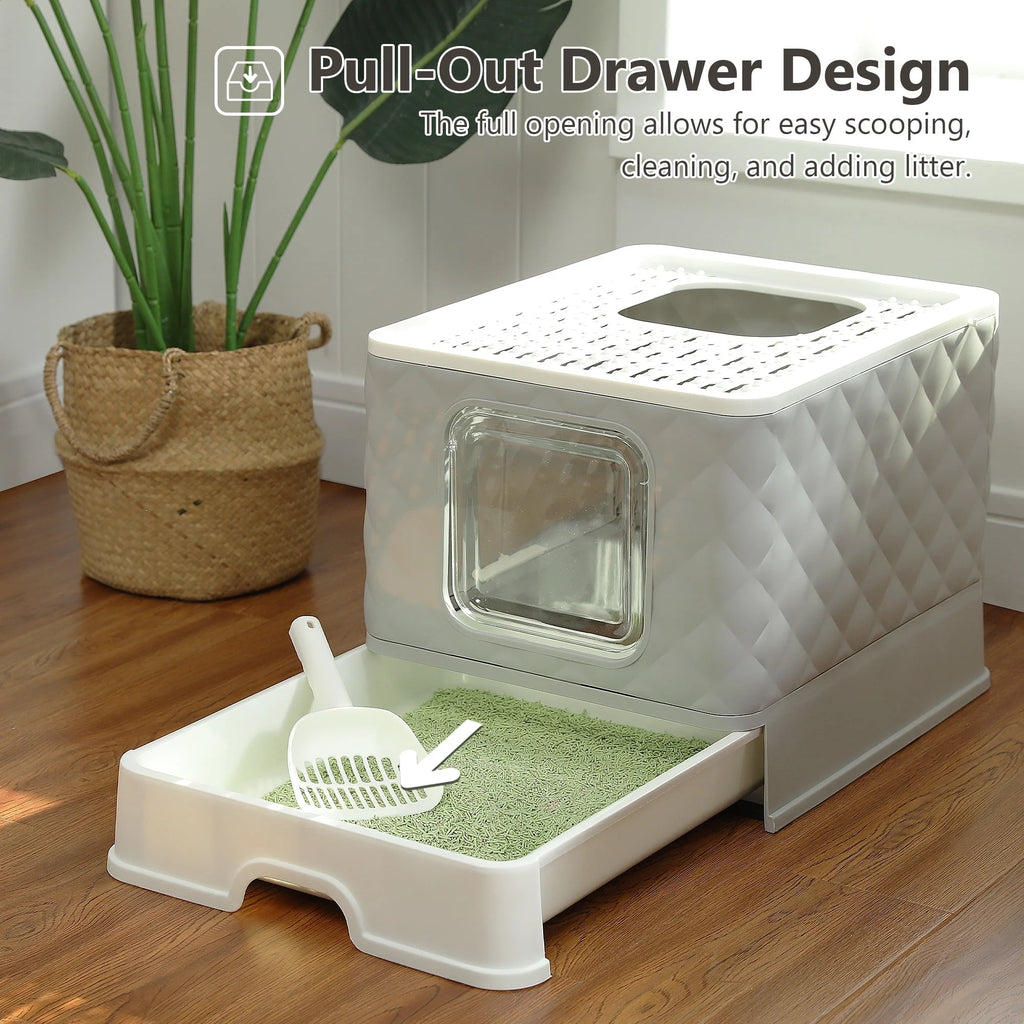 Enclosed Cat Litter Box with Lid Drawer Type Gray D15651