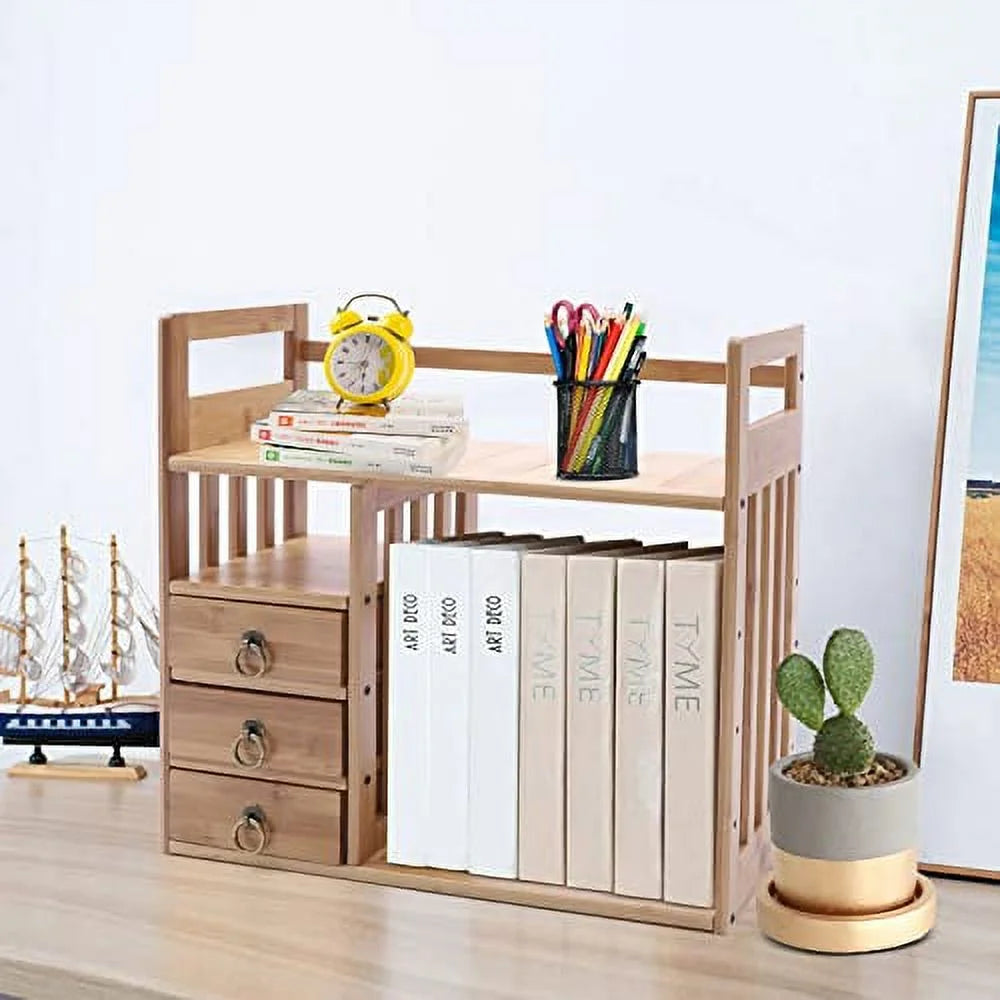 Bamboo Desktop Bookshelf Organizer with 3 Drawers P42732