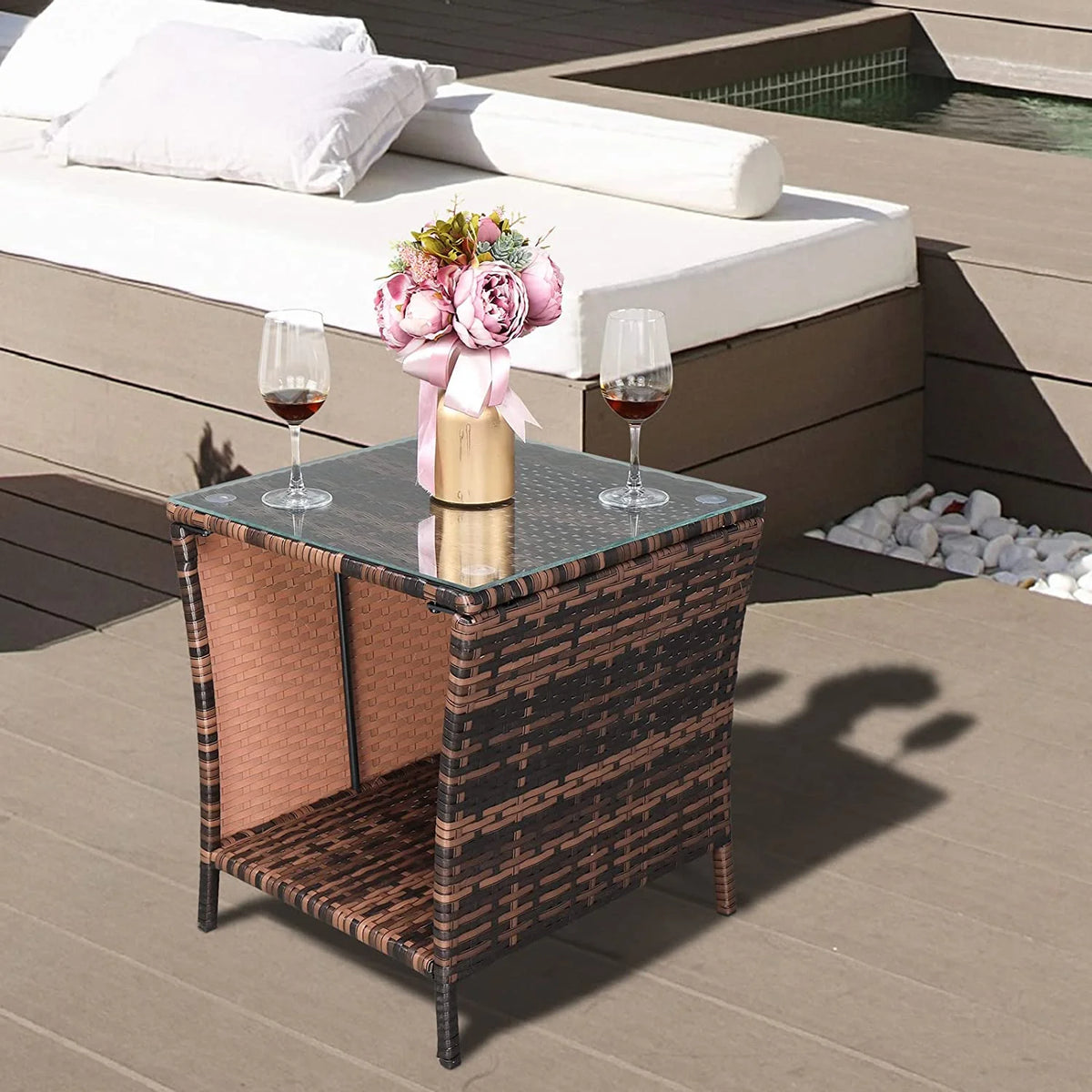 Rattan Side Table with Glass Top Storage U5741
