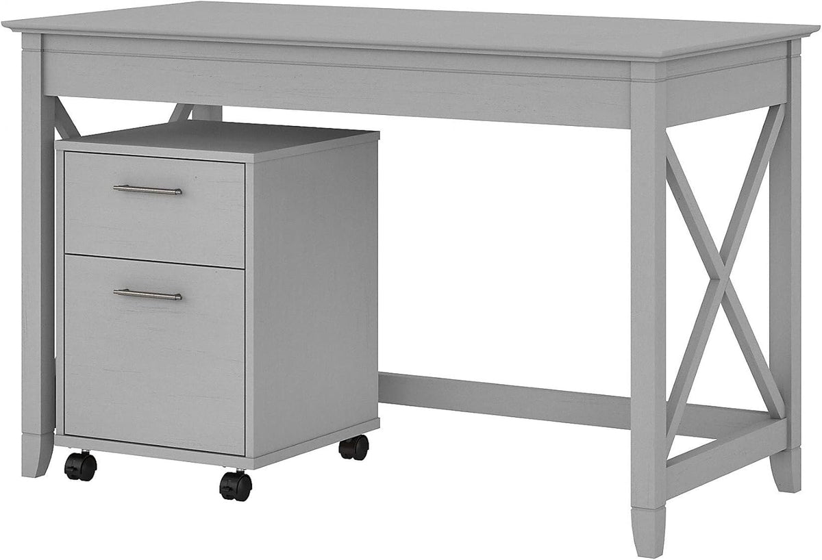 48W Pure White Shiplap Gray Writing Desk with 2 Drawer Mobile File Cabinet O411