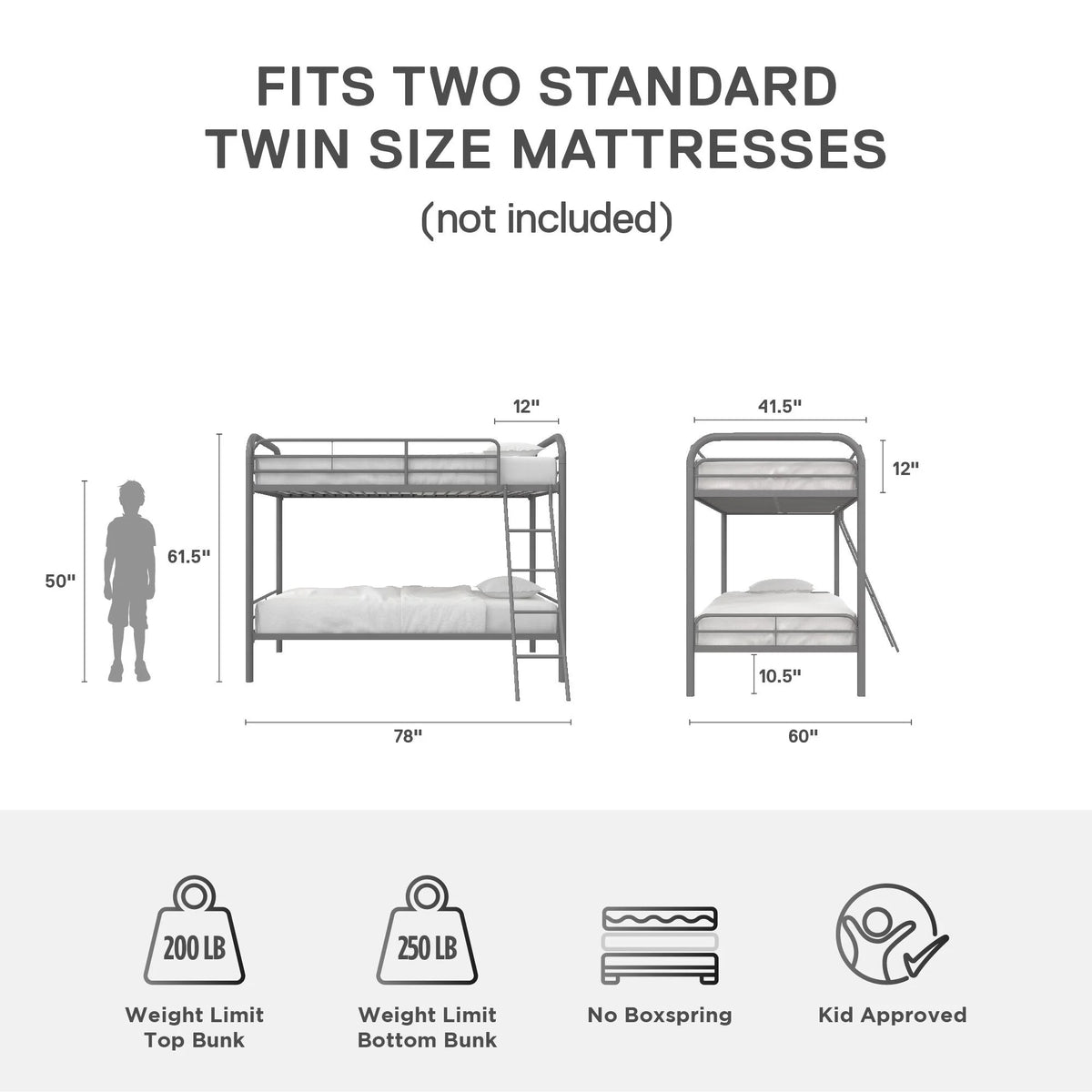 Twin over Twin Metal Bunk Bed with Ladder X8345