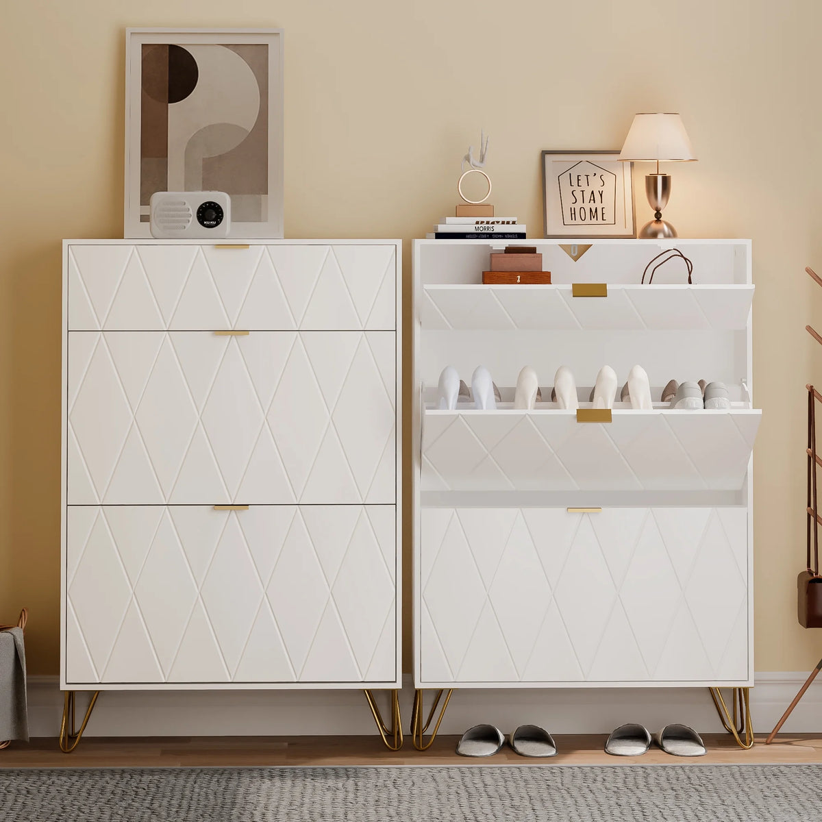 White Slim Shoe Cabinet Flip Down Drawers M8735