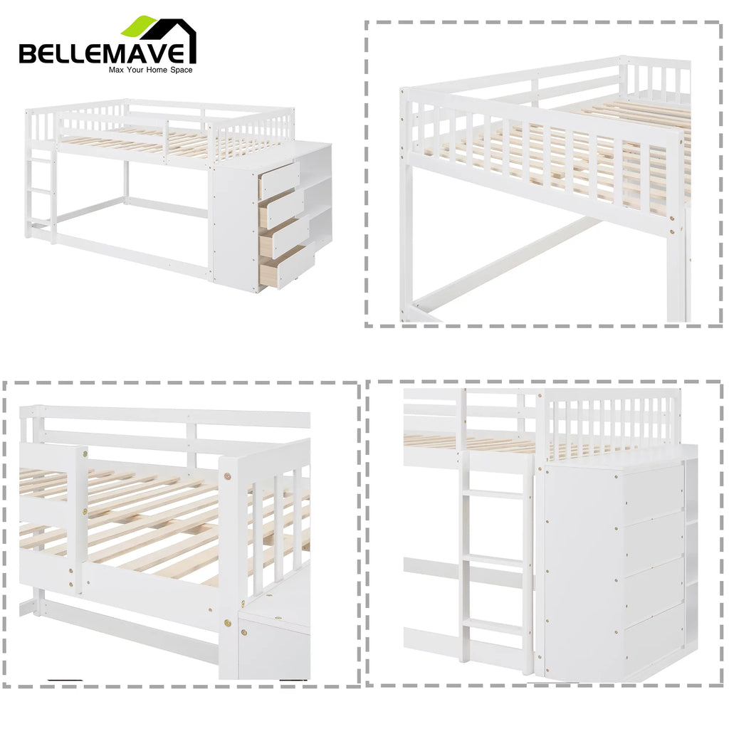 Full over Full Bunk Bed with Storage Cabinet, Ladder and Guardrail, White F5459