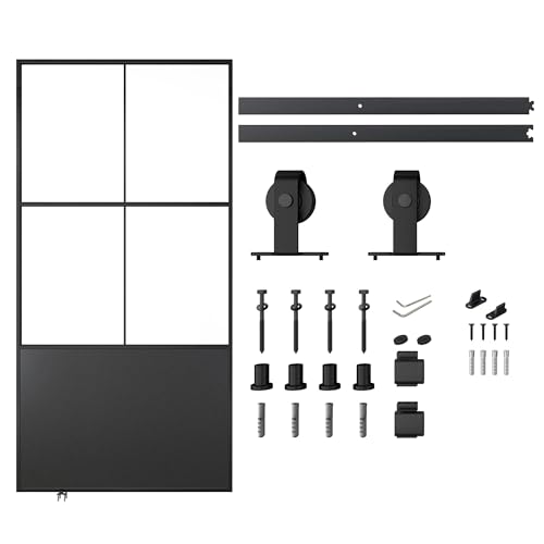 Black 3-Panel Frosted Tempered Glass Sliding Barn Door W56496