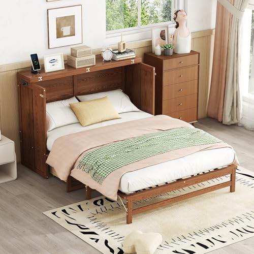 Full Size Walnut Murphy Bed with Charging Station and Drawers S123