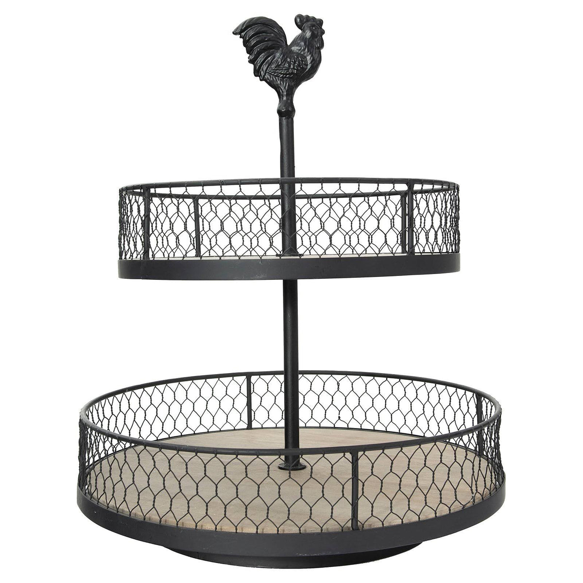 2-Tier Wood Metal Round Trays with Rooster Top Q26915