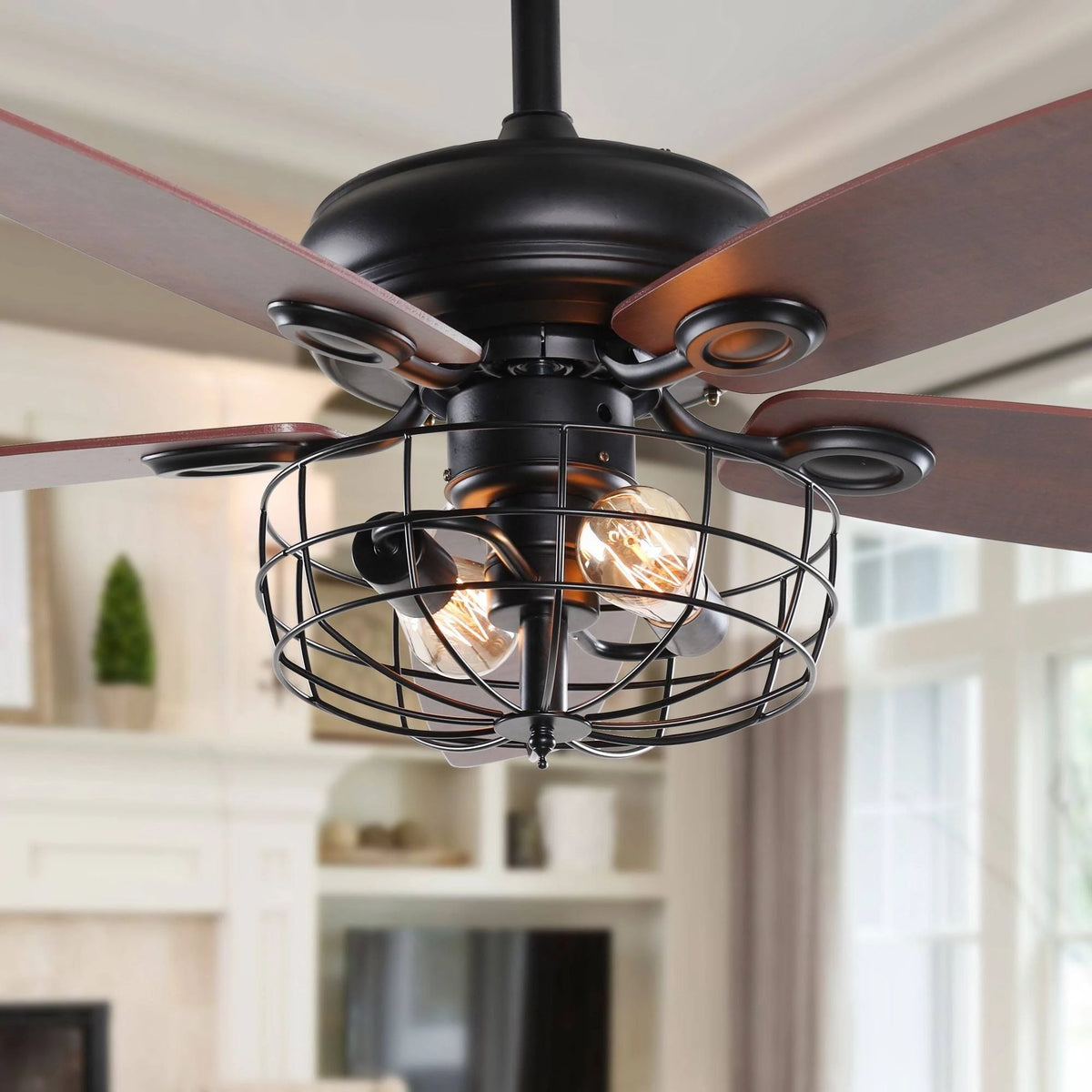 Black Metal Caged Ceiling Fan with Light Kit P25602