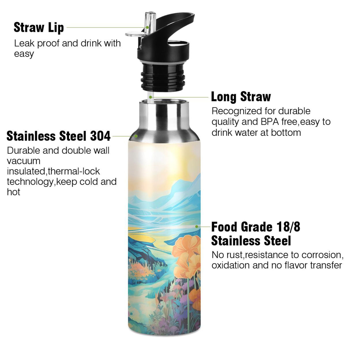 Blue Stainless Steel Insulated Water Bottle with Straw Lid I1294