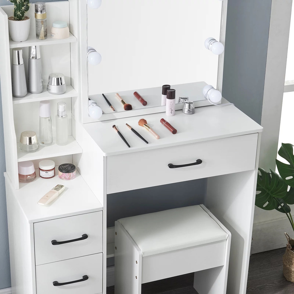 White Vanity Desk with Slidable Mirror and Drawers L173