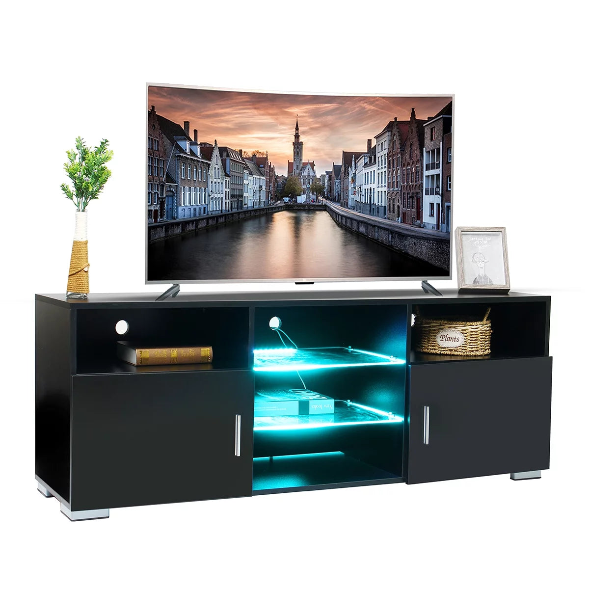 LED TV Stand with 2 Doors and Glass Shelf N5479