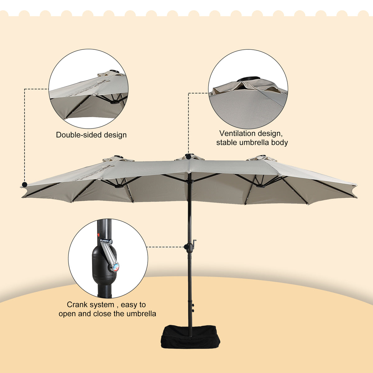 15ft Outdoor Solar Umbrella with 36 LED Patio Double-Sided Umbrella with Crank, Air-Vented Canopy, Base Included (Beige) E775649