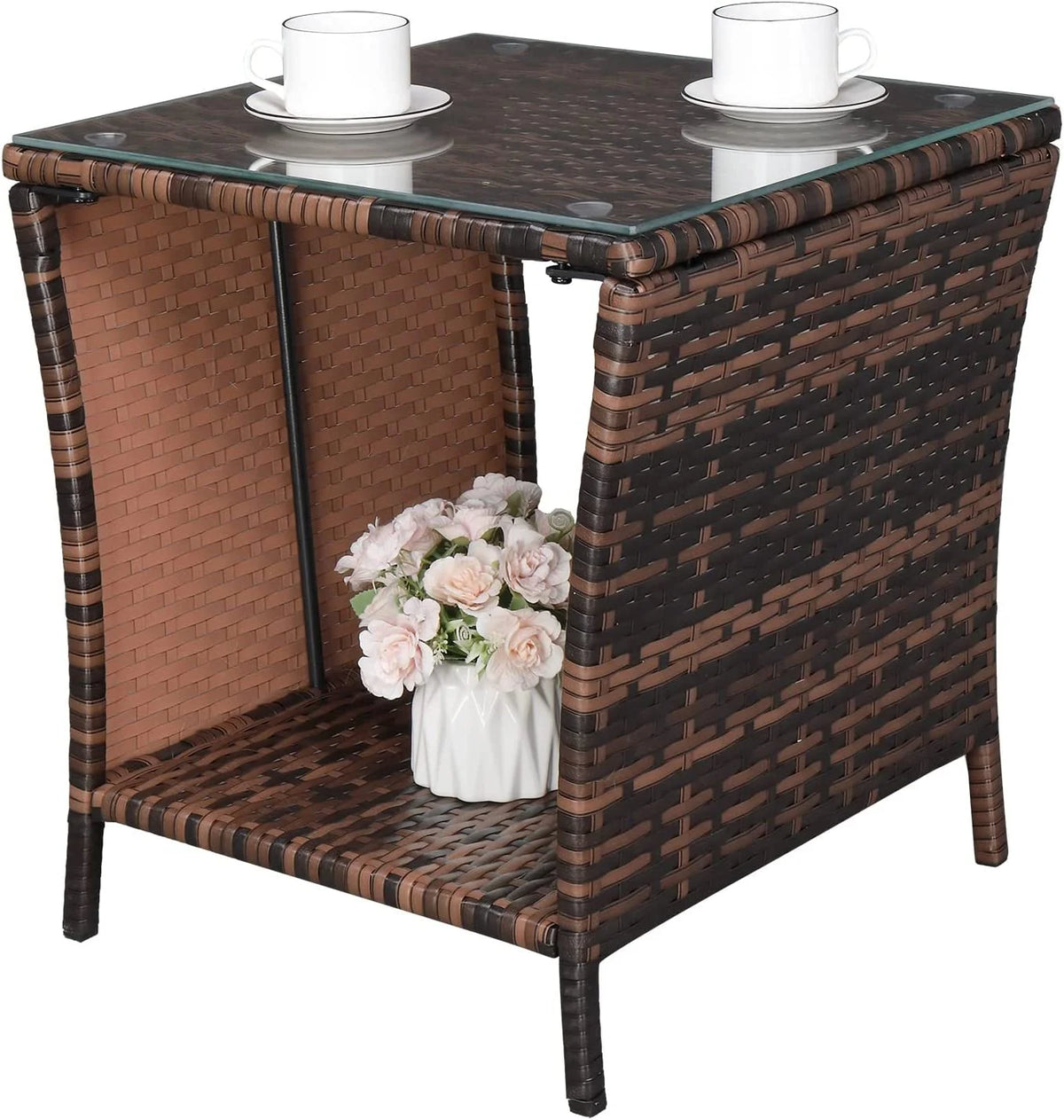 Rattan Side Table with Glass Top Storage U5741