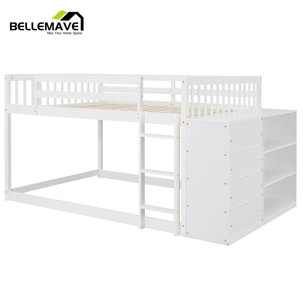 Full over Full Bunk Bed with Storage Cabinet, Ladder and Guardrail, White F5459