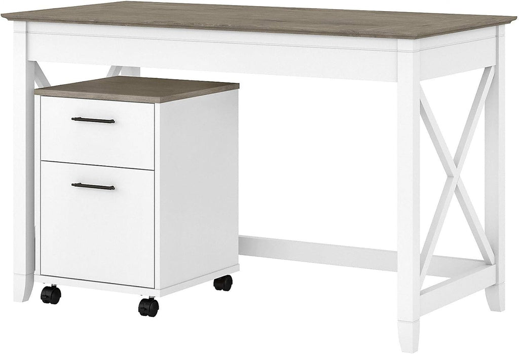 48W Pure White Shiplap Gray Writing Desk with 2 Drawer Mobile File Cabinet O411