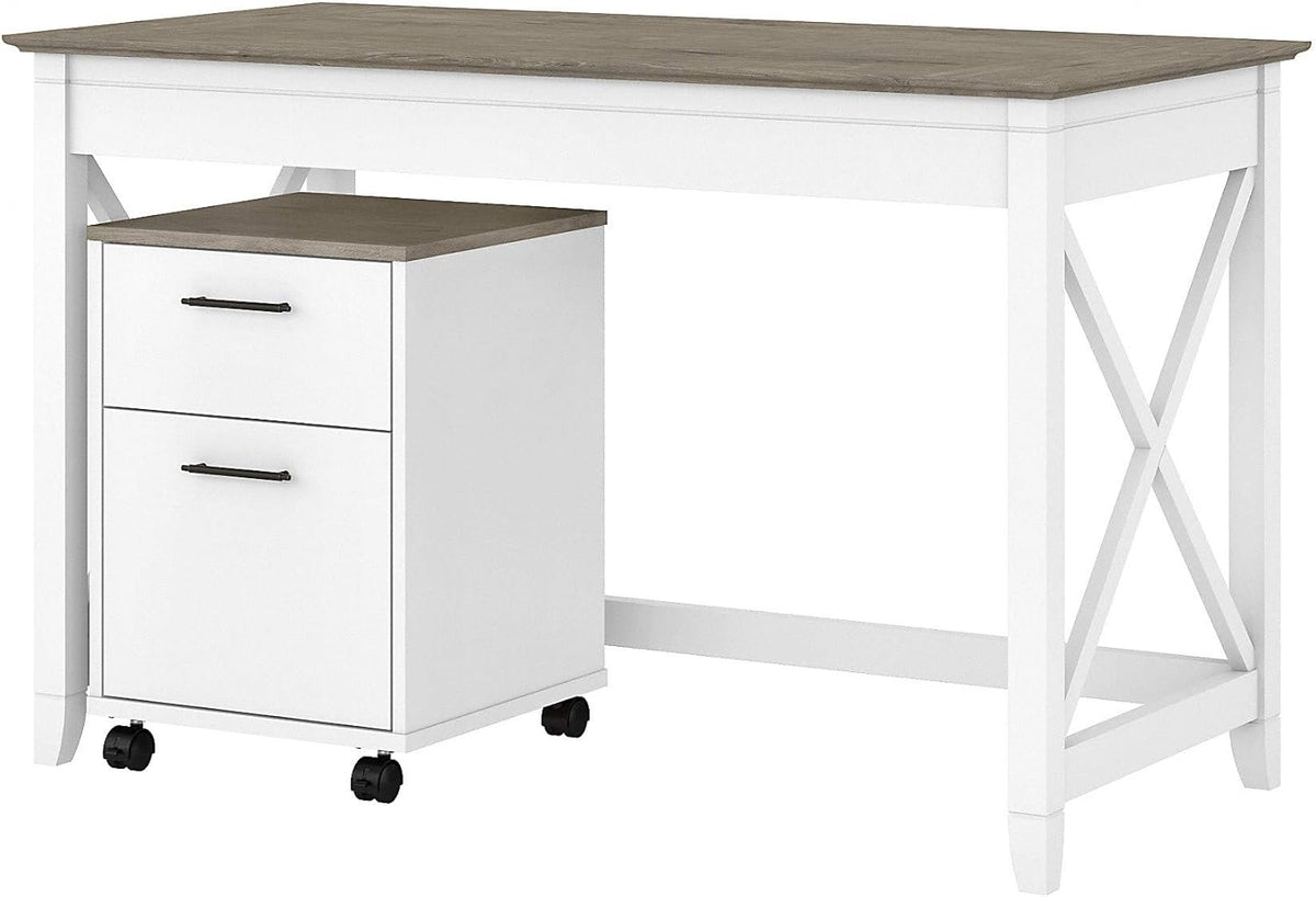 48W Pure White Shiplap Gray Writing Desk with 2 Drawer Mobile File Cabinet O411