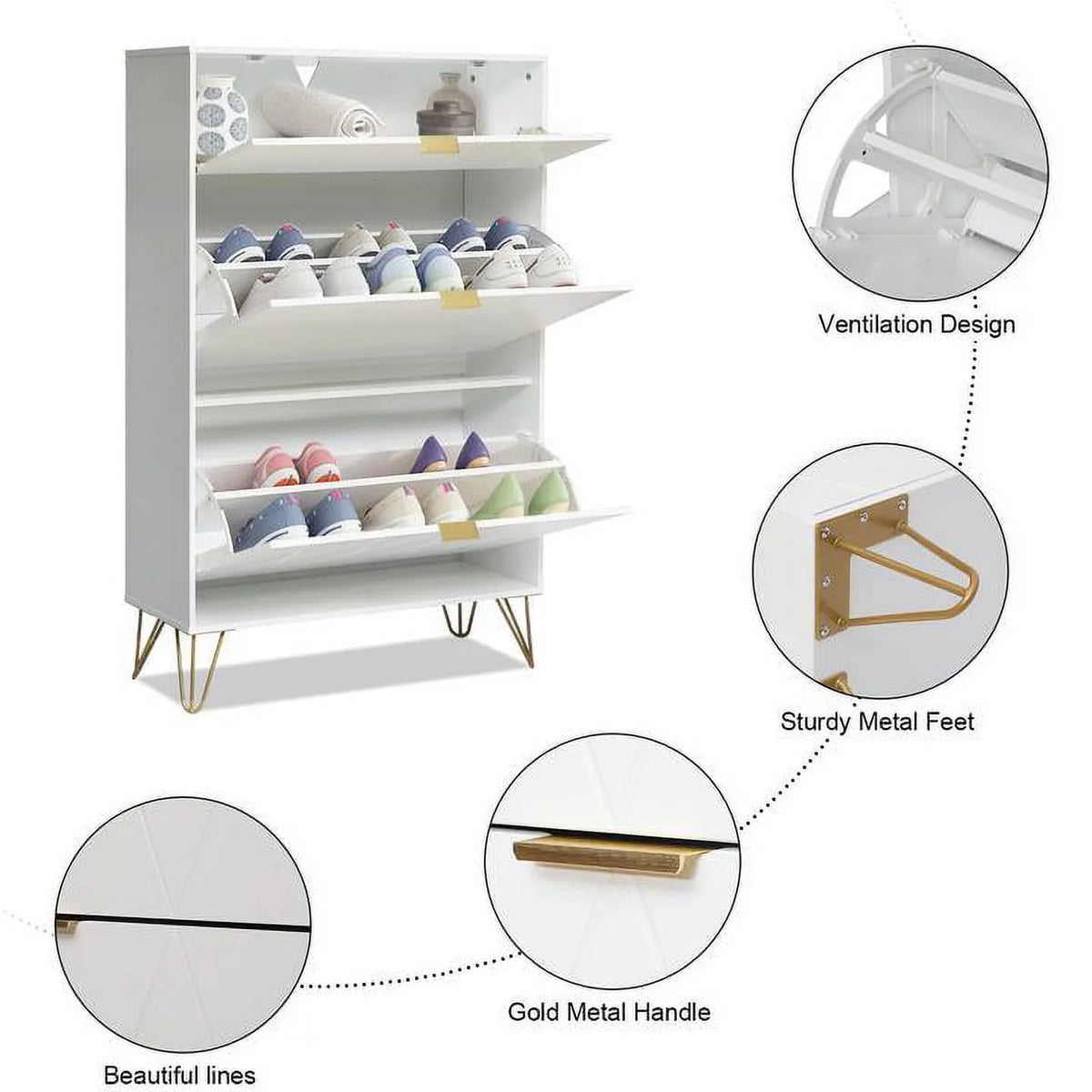 White Slim Shoe Cabinet Flip Down Drawers M8735