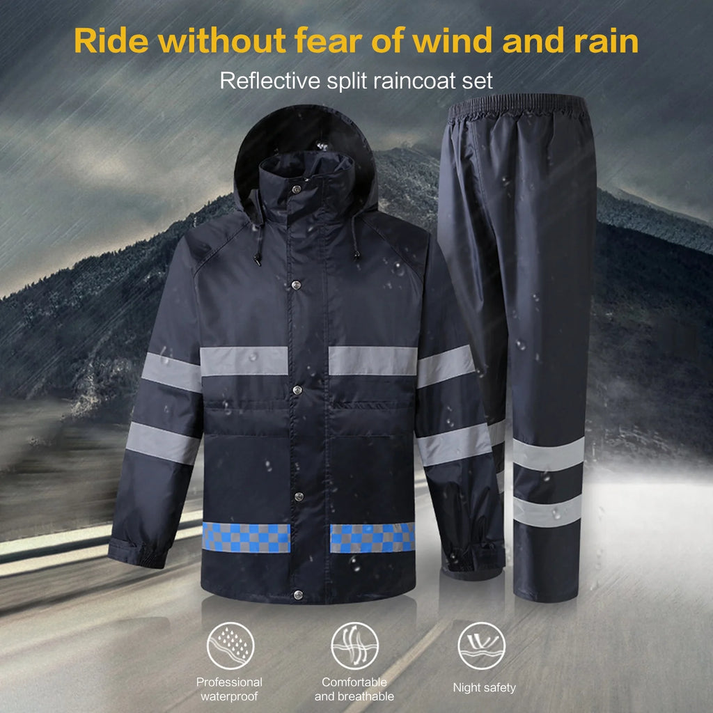High Visibility Reflective Waterproof Raincoat Suits Rain Gear Motorcycle Cycling Rain Poncho Jacket Hooded Rainwear Four Season XXL X787436