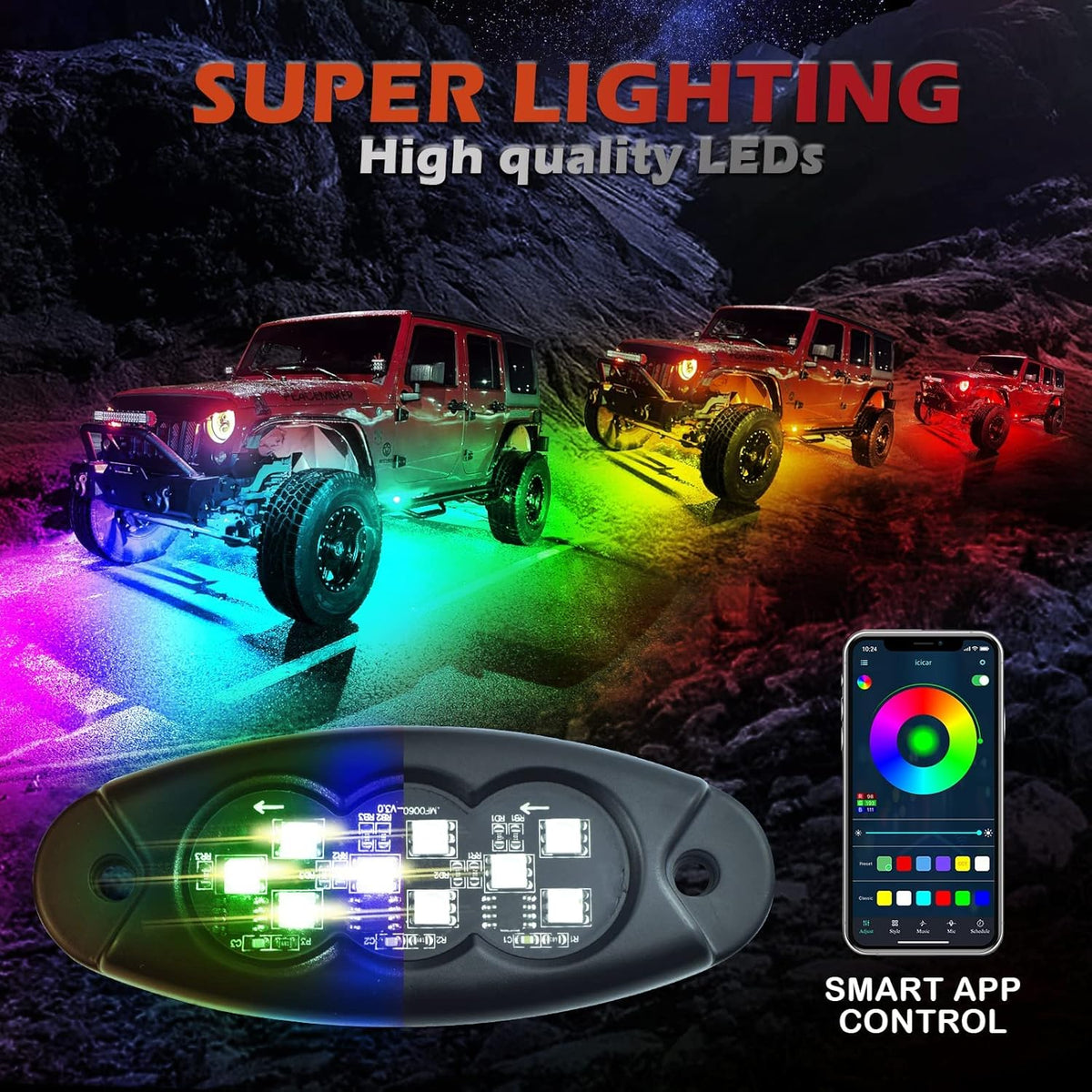 10 Pods RGB Rock Lights for Trucks, Multicolor Chasing Neon Underglow Lights Kits with APP/Remote Control & Music Mode, Waterproof IP68 Pack of 2 V566836