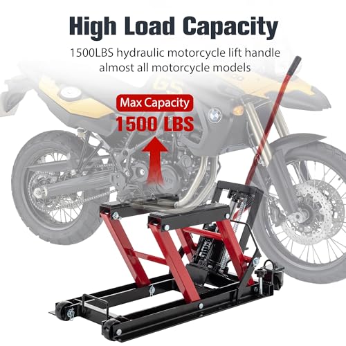 Red Hydraulic Motorcycle Lift Jack 1500 LBS Capacity, Foot-Operated Scissor Lift Table, Adjustable Height S6085