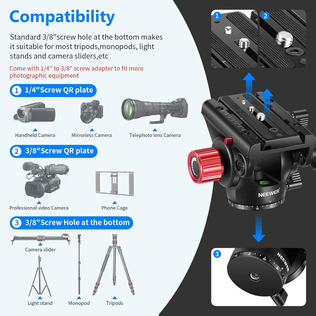Metal Heavy Duty Video Camera Tripod Fluid Drag Pan Head with Sliding Plate and 2-Section Adjustable Handle, Load up to 11pounds/5kilograms, Pack of 2 W306