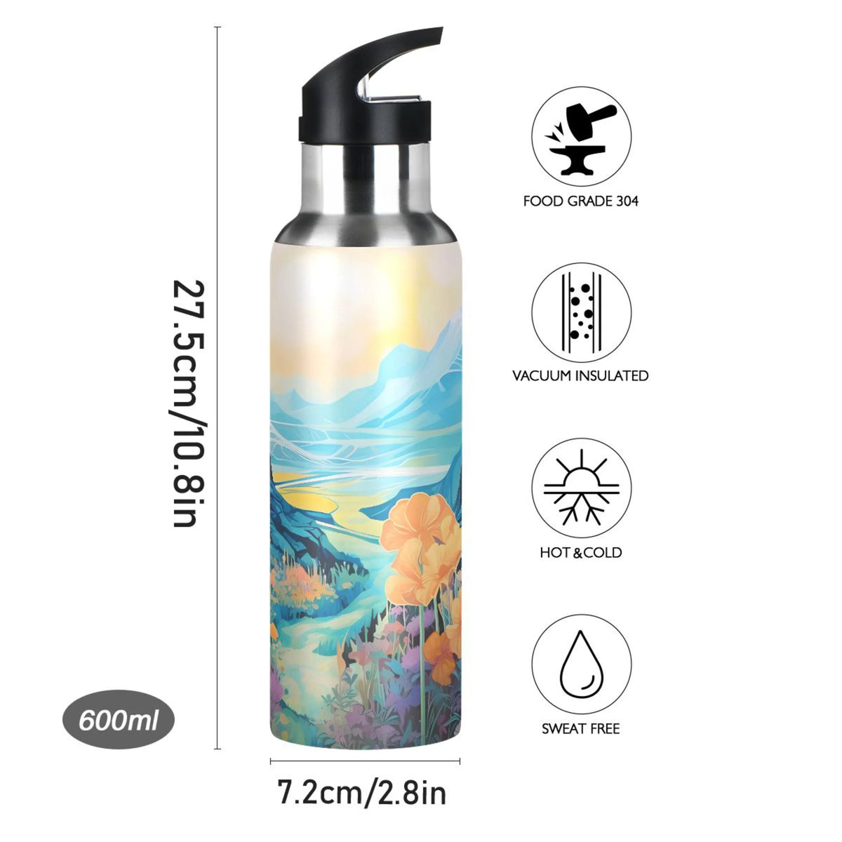 Blue Stainless Steel Insulated Water Bottle with Straw Lid I1294