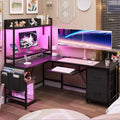 L Shaped Desk with Storage Shelves, File Drawer, Power Outlet, LED Light, Black Q39234