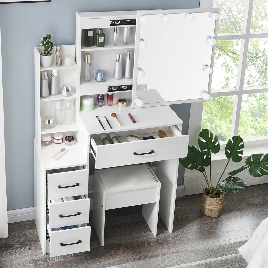 White Vanity Desk with Slidable Mirror and Drawers L173