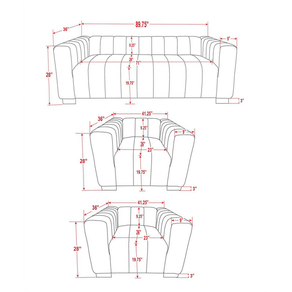 3-PC Velvet Sofa and 2 Armchairs Set Light Gray S12720