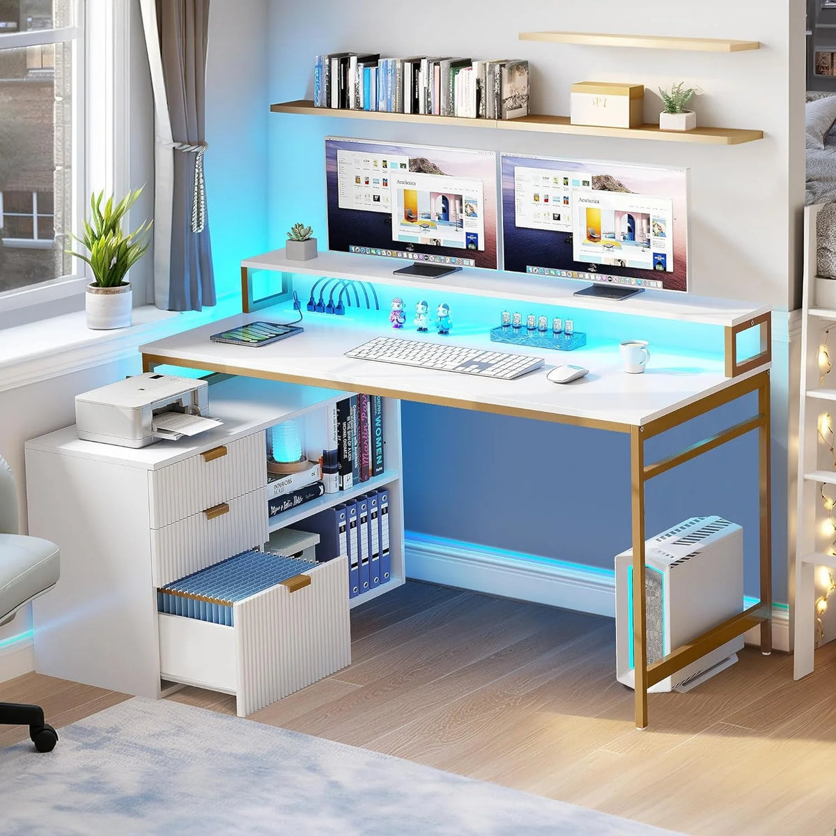 L Shaped Desk with Drawers 55 Inch White & Gold M13066