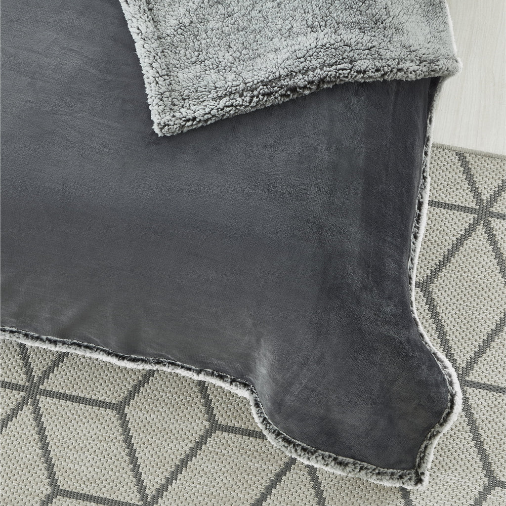 Flannel Reversible Sherpa Throw Blanket 90"x 90" Dark Grey N7963