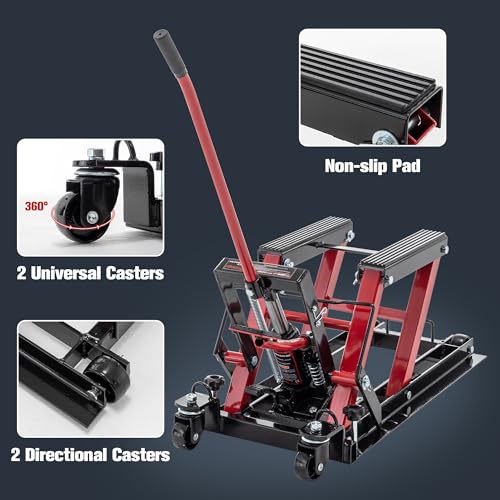 Red Hydraulic Motorcycle Lift Jack 1500 LBS Capacity, Foot-Operated Scissor Lift Table, Adjustable Height S6085