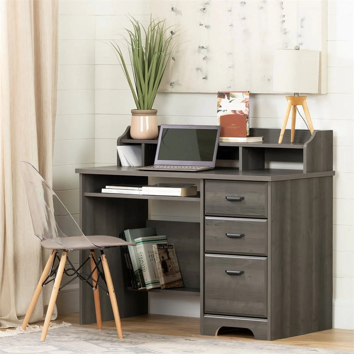Gray Maple Desk with Hutch and 2-Drawer File Cabinet Set L68705