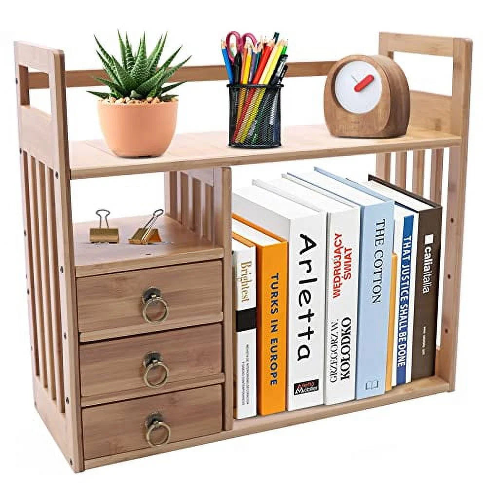 Bamboo Desktop Bookshelf Organizer with 3 Drawers P42732