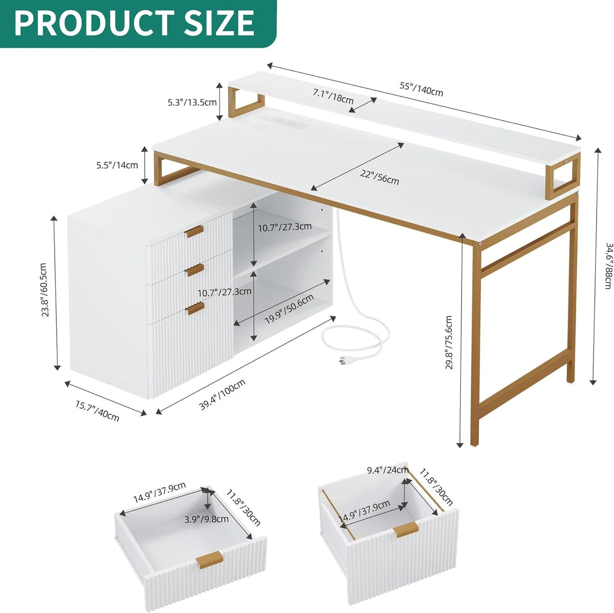 L Shaped Desk with Drawers 55 Inch White & Gold M13066