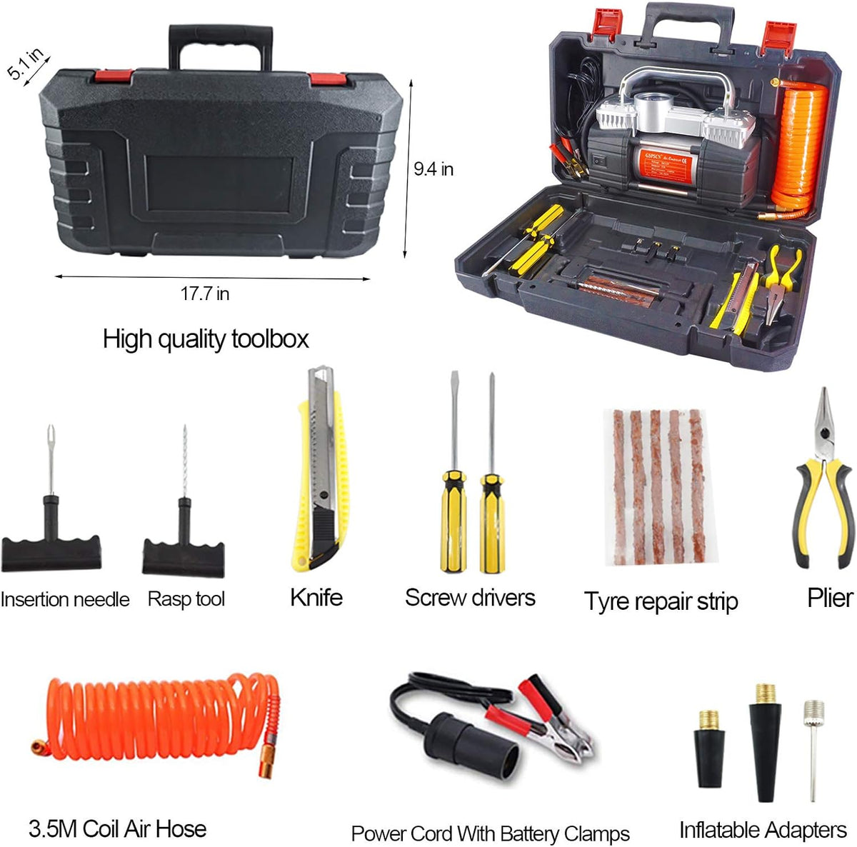150Psi 12V Dual Cylinders Air Compressor Pump with Tire Repair Kit W420600