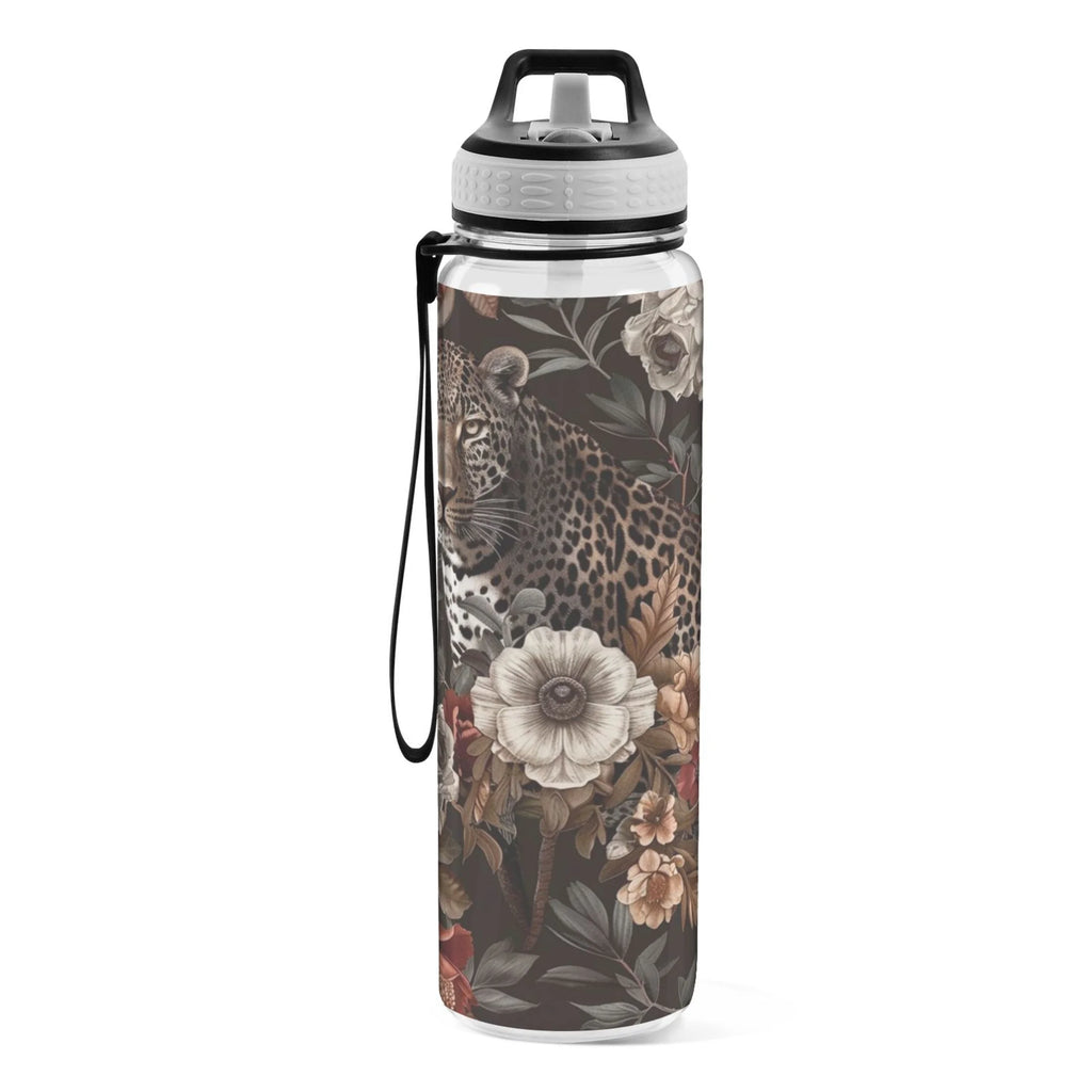 Leopard in Flowers 32oz Tritan Sports Water Bottle with Straw D1206