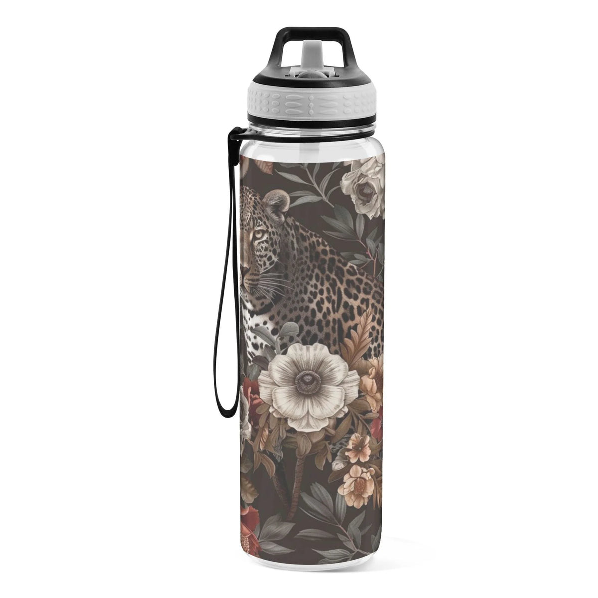 Leopard in Flowers 32oz Tritan Sports Water Bottle with Straw D1206