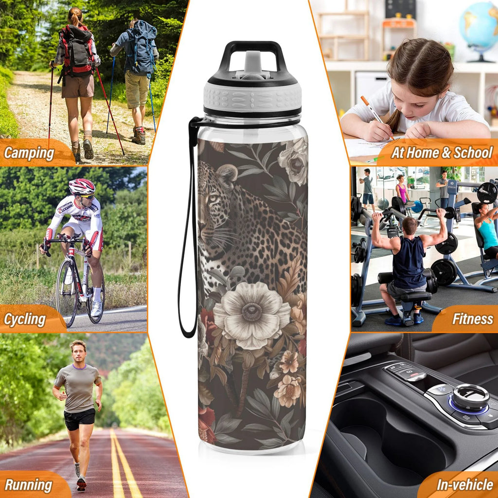 Leopard in Flowers 32oz Tritan Sports Water Bottle with Straw D1206